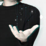 Glitching woman’s hand background using futuristic technol