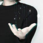 Glitching woman’s hand background using futuristic technol