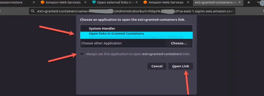Diálogo do Firefox para abrir o link ext+granted-containers com a opção Open links in Granted Containers