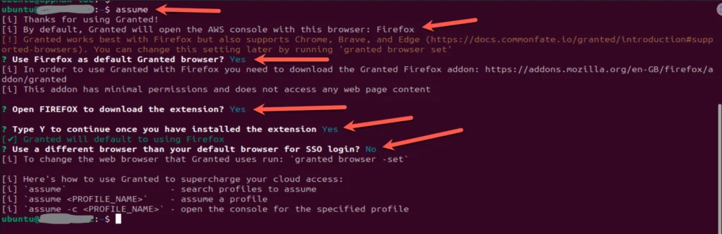 Setup inicial do Granted no terminal com as perguntas sobre navegador padrão e extensão do Firefox