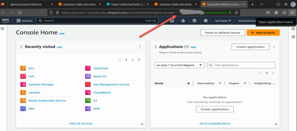 Console AWS aberto pelo Granted no Firefox Container mostrando a Console Home da conta
