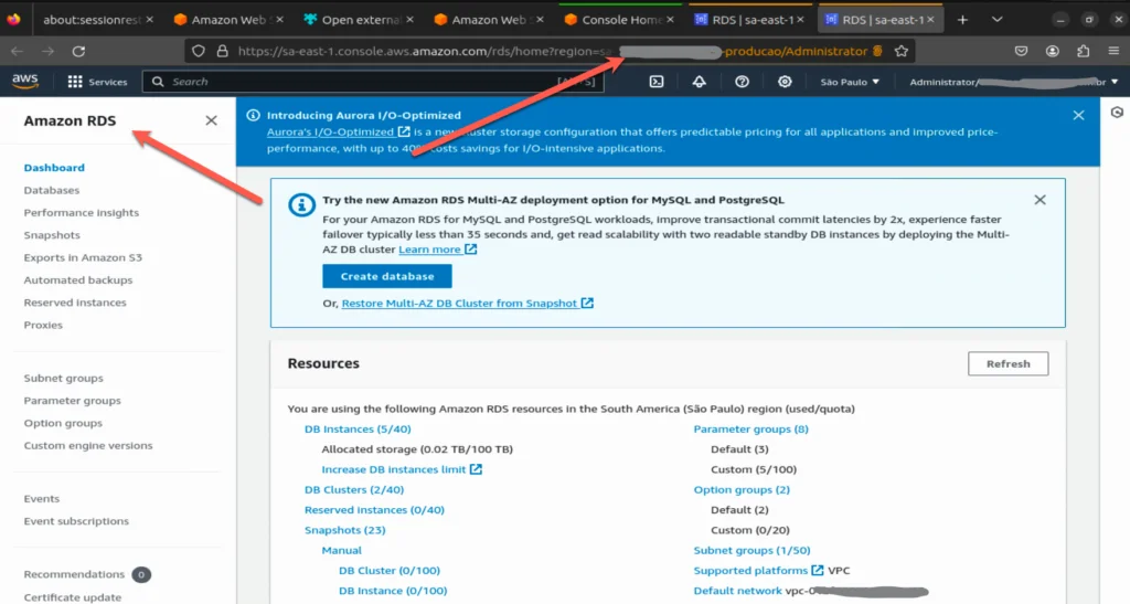 Painel do Amazon RDS aberto em um Firefox Container dedicado à conta assumida via Granted
