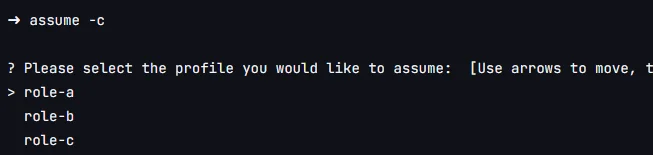Comando assume -c no terminal listando os perfis para abrir o console AWS no navegador