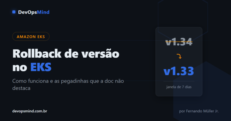 Rollback de versão no EKS: capa DevOps Mind com versões v1.34 voltando para v1.33 e janela de 7 dias