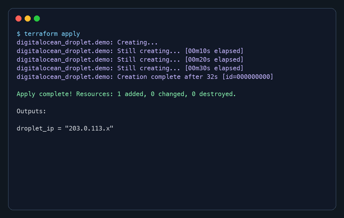 Terminal com terraform apply criando um droplet DigitalOcean com Ubuntu 26.04, com ID e IP sanitizados