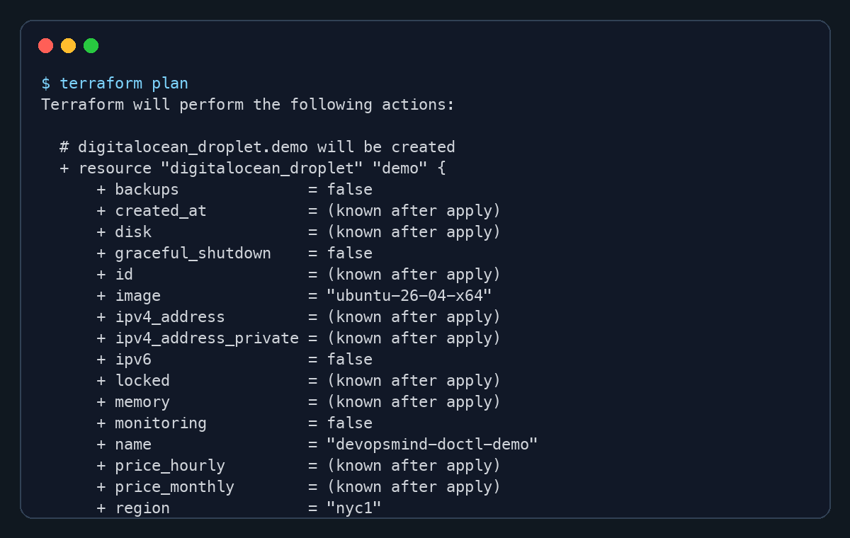 Terminal com terraform plan mostrando a criação de um droplet DigitalOcean com Ubuntu 26.04 em nyc1