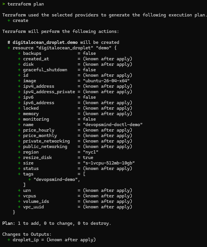 Terminal com terraform plan mostrando a criação do Droplet devopsmind-doctl-demo na DigitalOcean