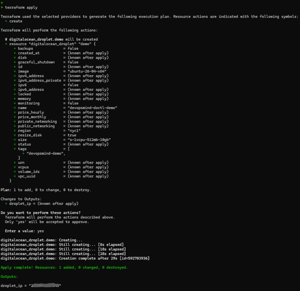 Terminal com terraform apply criando o Droplet na DigitalOcean e exibindo o resultado da execução
