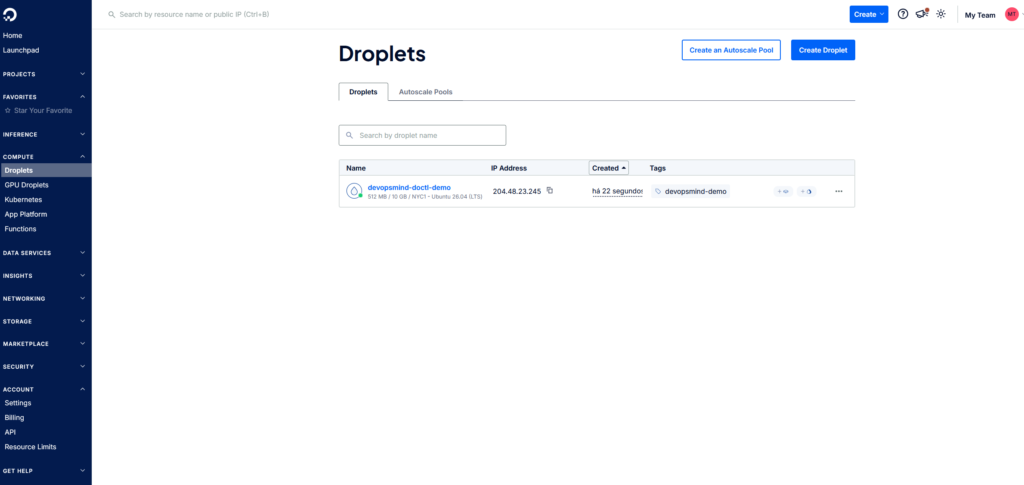 Console da DigitalOcean mostrando o Droplet devopsmind-doctl-demo criado pelo Terraform