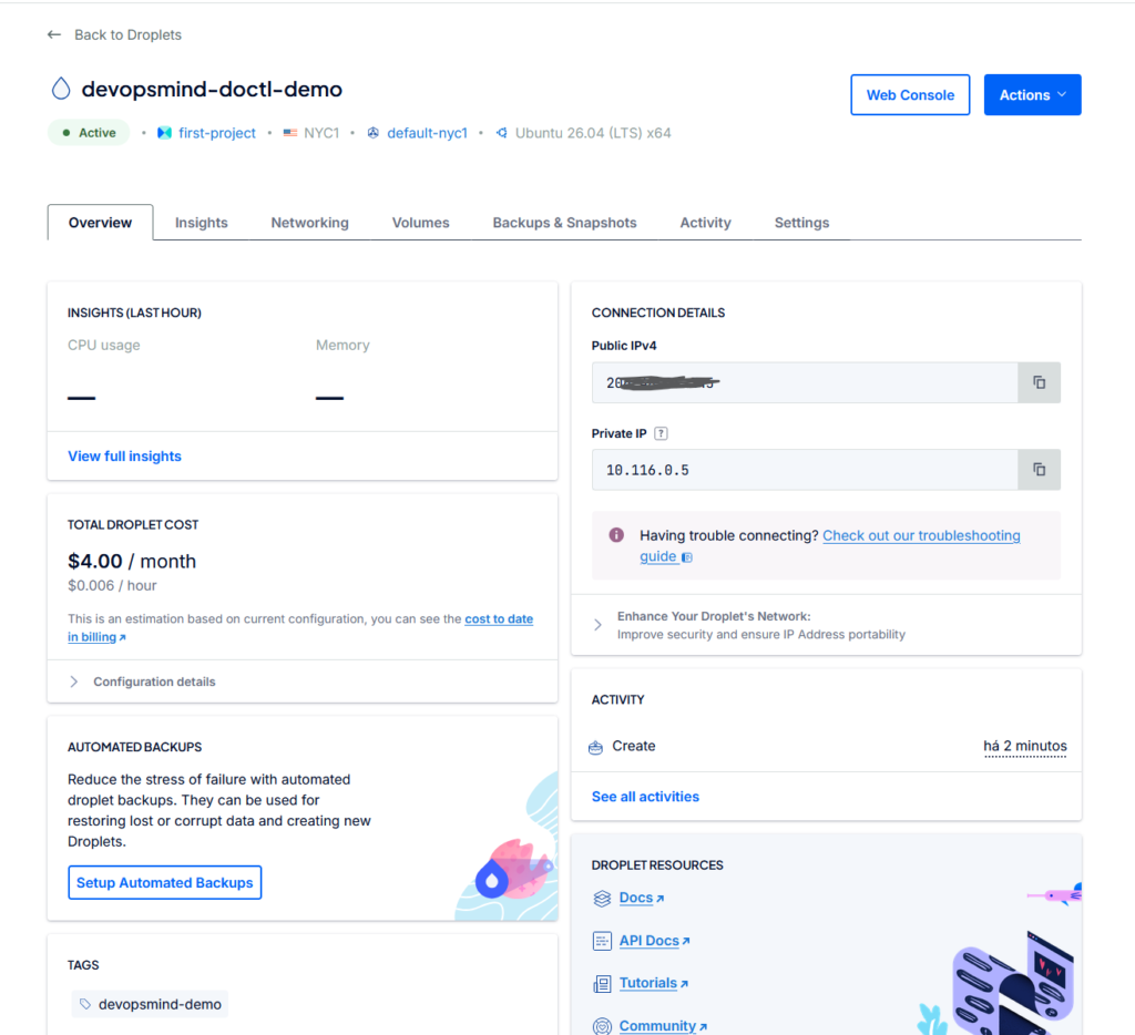 Tela de detalhes do Droplet na DigitalOcean mostrando custo de US$ 4,00 por mês, região NYC1, Ubuntu 26.04 e status ativo