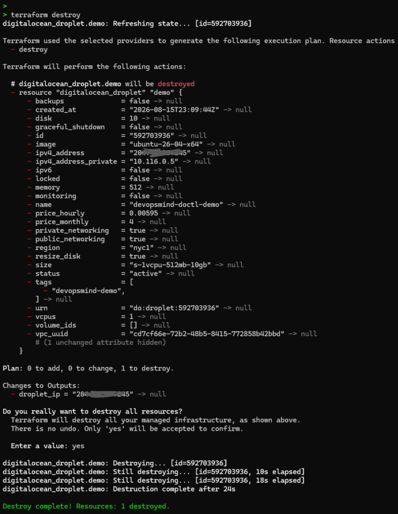 Terminal executando terraform destroy e concluindo com 1 recurso destruído